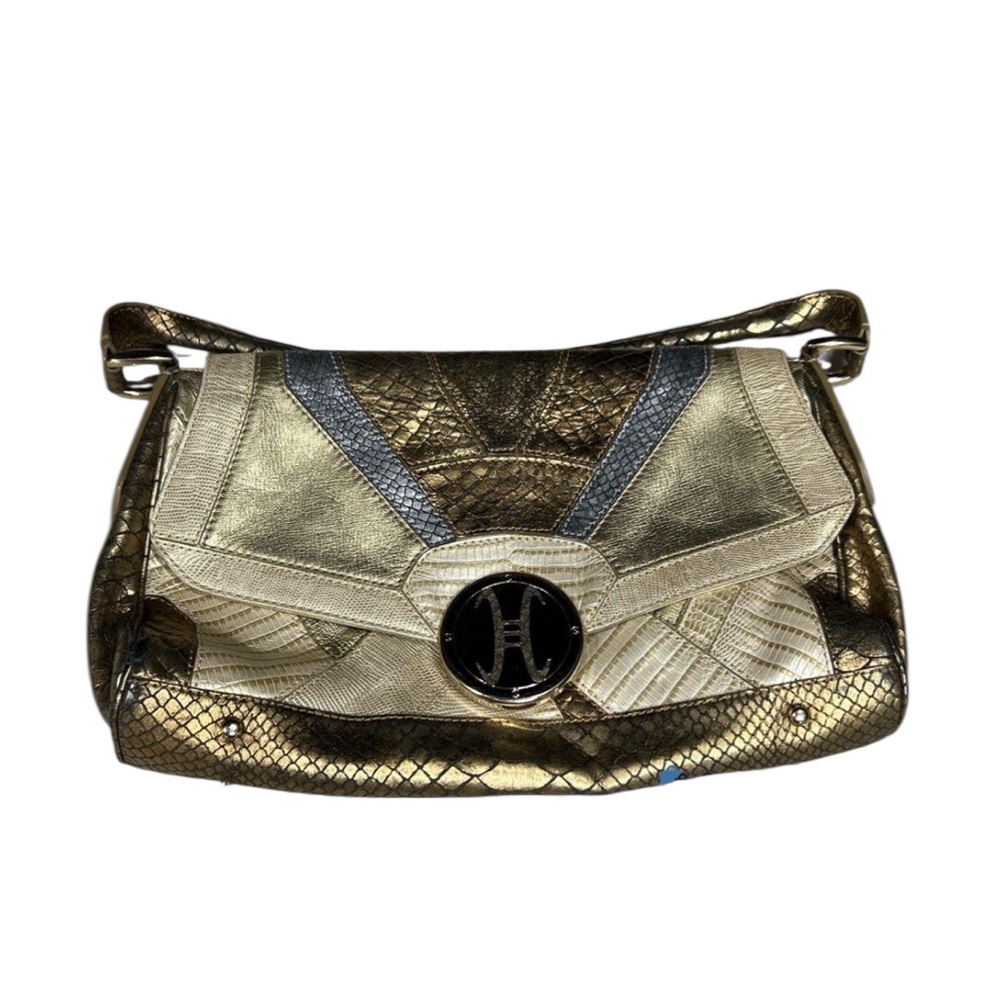 Cole Haan Paige Exotic Metallic Snake Skin Patchwork Shoulder Bag Gold Bronze - Picture 4 of 5